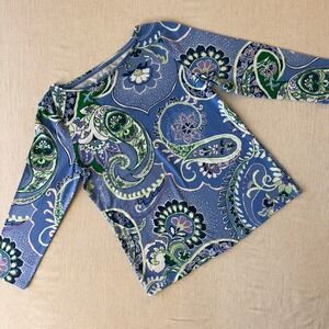 Talbots Tee Womens Medium Blue Green Paisley 3/4 Sleeve Boat Neck Top NWT